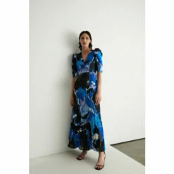 Warehouse Abstract V Neck Pleated Maxi Dress For Female