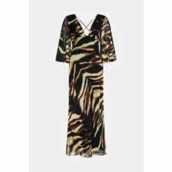 Warehouse Animal Print Fluted Sleeve Plunge Maxi Dress For Female -Warehouse Sales Store unnamed file 105