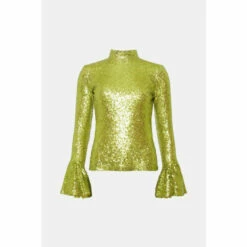 Warehouse Sequin Bell Sleeve Funnel Neck Top For Female -Warehouse Sales Store unnamed file 1050