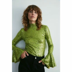 Warehouse Sequin Bell Sleeve Funnel Neck Top For Female -Warehouse Sales Store unnamed file 1051