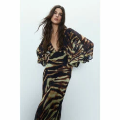 Warehouse Animal Print Fluted Sleeve Plunge Maxi Dress For Female -Warehouse Sales Store unnamed file 106