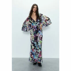Warehouse Abstract Print Fluted Sleeve Plunge Maxi Dress For Female -Warehouse Sales Store unnamed file 128
