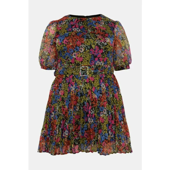 Warehouse Plus Size Belted Pleated Short Sleeve Mini Dress For Female 6 Warehouse Plus Size Belted Pleated Short Sleeve Mini Dress For Female - Image 4