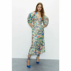 Warehouse Bright Floral Print Puff Sleeve V Neck Dress For Female