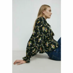 Warehouse Floral Ruffle Detail Lace Up Cotton Blouse For Female