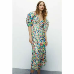 Warehouse Bright Floral Print Puff Sleeve V Neck Dress For Female -Warehouse Sales Store unnamed file 137