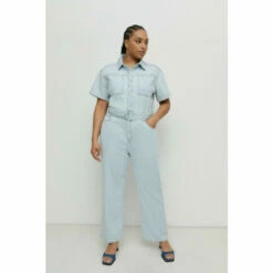Warehouse Plus Size Denim Short Sleeve Belted Boilersuit For Female