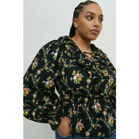 Warehouse Plus Size Floral Ruffle Detail Lace Up Blouse For Female 3 Warehouse Plus Size Floral Ruffle Detail Lace Up Blouse For Female