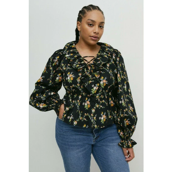 Warehouse Plus Size Floral Ruffle Detail Lace Up Blouse For Female 4 Warehouse Plus Size Floral Ruffle Detail Lace Up Blouse For Female - Image 2