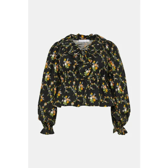 Warehouse Plus Size Floral Ruffle Detail Lace Up Blouse For Female 6 Warehouse Plus Size Floral Ruffle Detail Lace Up Blouse For Female - Image 4