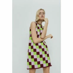 Warehouse Petite Checkerboard Knit Swing Dress For Female