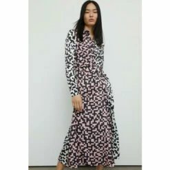 Warehouse Mixed Print Belted Shirt Midi Dress For Female
