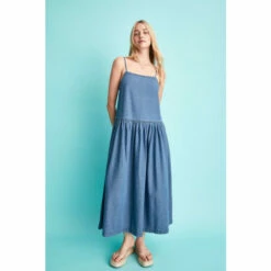 Warehouse Petite Denim Dropped Waist Cami Midi Dress For Female