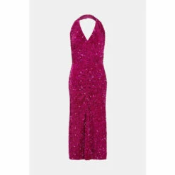 Warehouse Velvet Sequin Halter Ruched Front Maxi Dress For Female -Warehouse Sales Store unnamed file 1690