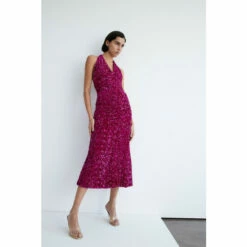 Warehouse Velvet Sequin Halter Ruched Front Maxi Dress For Female -Warehouse Sales Store unnamed file 1691
