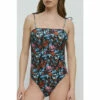 Warehouse Abstract Floral Ribbed Tie Shoulder Swimsuit For Female