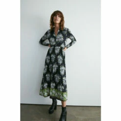 Warehouse Petite Pleated Floral Border Print Zip Collar Midi Dress For Female
