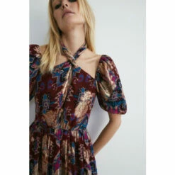 Warehouse Border Print Twist Neck Halter Midi Dress For Female -Warehouse Sales Store unnamed file 2032