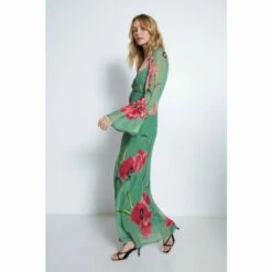 Warehouse Floral Printed V Neck Fluted Sleeve Maxi Dress For Female -Warehouse Sales Store unnamed file 204