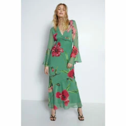 Warehouse Floral Printed V Neck Fluted Sleeve Maxi Dress For Female -Warehouse Sales Store unnamed file 207