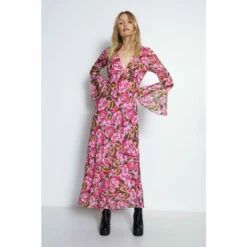 Warehouse Floral Printed V Neck Fluted Sleeve Maxi Dress For Female -Warehouse Sales Store unnamed file 208