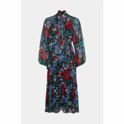 Warehouse WH X William Morris Society Mix Print Tie Neck Belted Maxi Dress For Female -Warehouse Sales Store unnamed file 2088