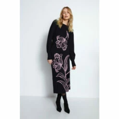 Warehouse Floral Placement Jacquard Knit Midi Dress For Female