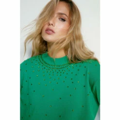 Warehouse Hotfix Neck Embellished Knit Jumper For Female