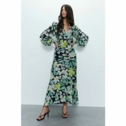 Warehouse Floral Metallic Stripe Printed Midi Dress For Female