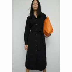 Warehouse Fluid Twill Button Through Belted Shirt Dress For Female