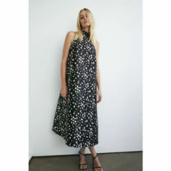 Warehouse Dalmatian Print Satin Twill Bow Back A Line Midi Dress For Female