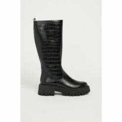 Warehouse Leather Croc Chunky Knee High Boot For Female