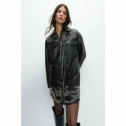 Warehouse Kara Rose Studded Faux Leather Shirt Dress For Female -Warehouse Sales Store unnamed file 257