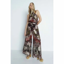 Warehouse Petite Sparkle Border Print Halter Neck Jumpsuit For Female
