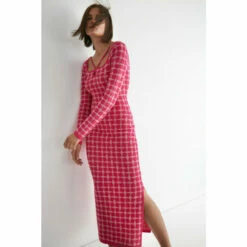 Warehouse Check Jacquard Square Neck Strappy Midi Dress For Female