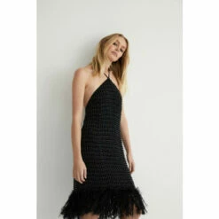 Warehouse Hand Beaded Feather Trim Halter Mini Dress For Female -Warehouse Sales Store unnamed file 2736