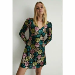 Warehouse Floral Sequin Puff Sleeve V Neck Mini Dress For Female -Warehouse Sales Store unnamed file 2860