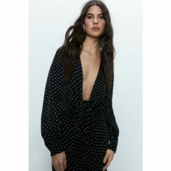 Warehouse Polka Satin Jacquard Knot Front Midi Dress For Female -Warehouse Sales Store unnamed file 2868