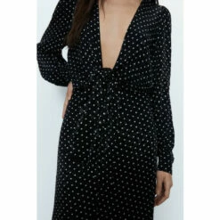 Warehouse Polka Satin Jacquard Knot Front Midi Dress For Female -Warehouse Sales Store unnamed file 2869