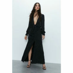 Warehouse Polka Satin Jacquard Knot Front Midi Dress For Female -Warehouse Sales Store unnamed file 2871