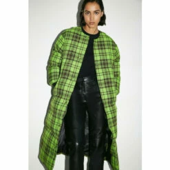 Warehouse Green Check Maxi Padded Duvet Coat For Female