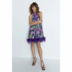 Warehouse Sequin Feather Hem Halter Dress For Female