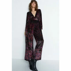 Warehouse Paisley Velvet Devore Plunge Jumpsuit For Female