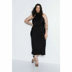 Warehouse Plus Size Satin Halter Neck Backless Slip Dress For Female
