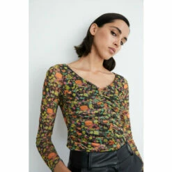 Warehouse Abstract Print Ruched Front Mesh Top For Female