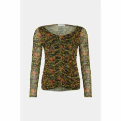 Warehouse Abstract Print Ruched Front Mesh Top For Female -Warehouse Sales Store unnamed file 3268