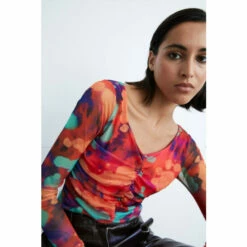Warehouse Abstract Print Ruched Front Mesh Top For Female -Warehouse Sales Store unnamed file 3270