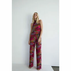 Warehouse Abstract Metallic Plisse Halter Jumpsuit For Female