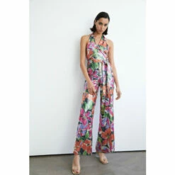 Warehouse Printed Sequin Halter Neck Wrap Jumpsuit For Female