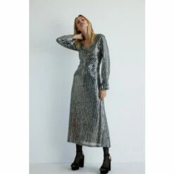 Warehouse Petite Sequin Stripe Plunge Maxi Dress For Female